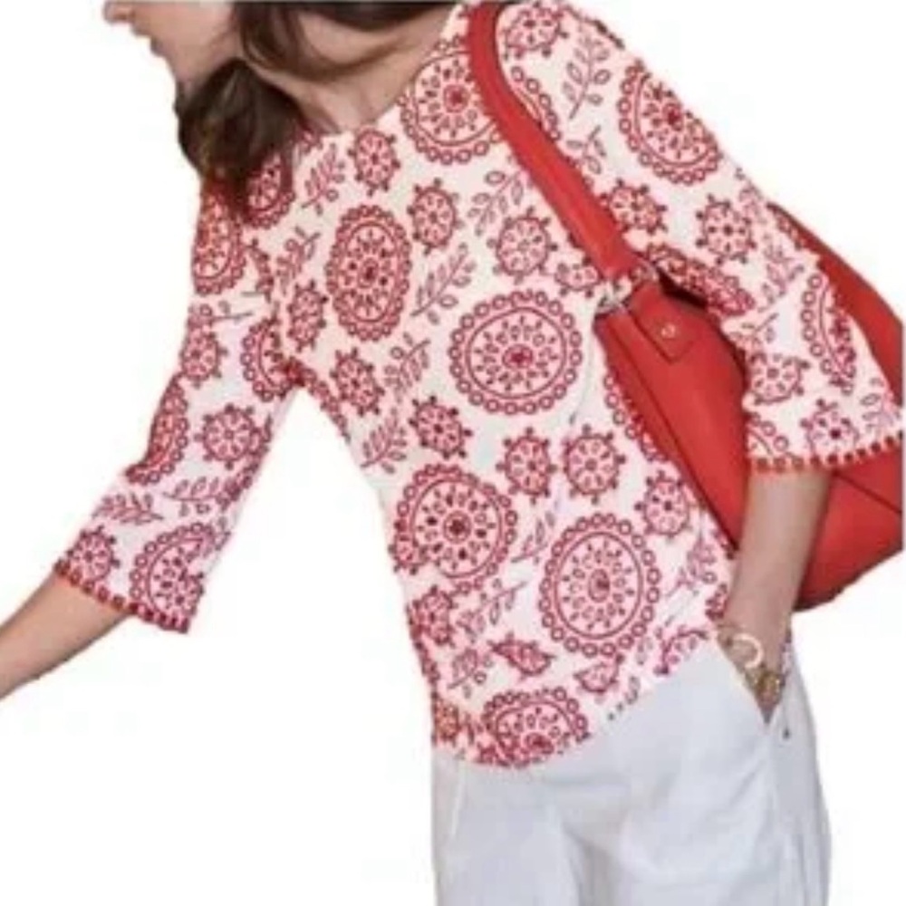 Boden Red and White Embroidered Top